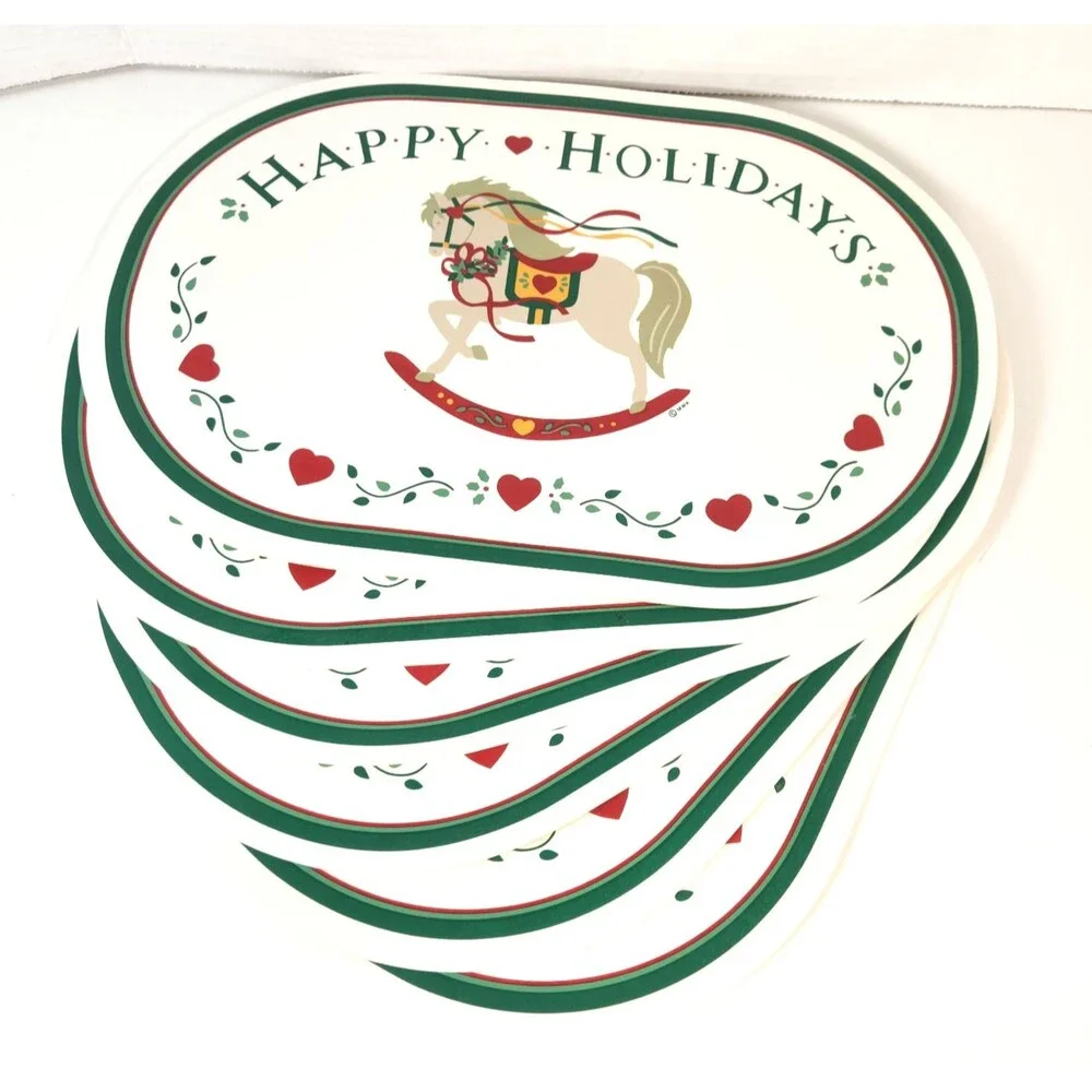 Set Of 6 Vintage Vinyl Christmas Placemats Happy Holidays Rocking Horse Hearts